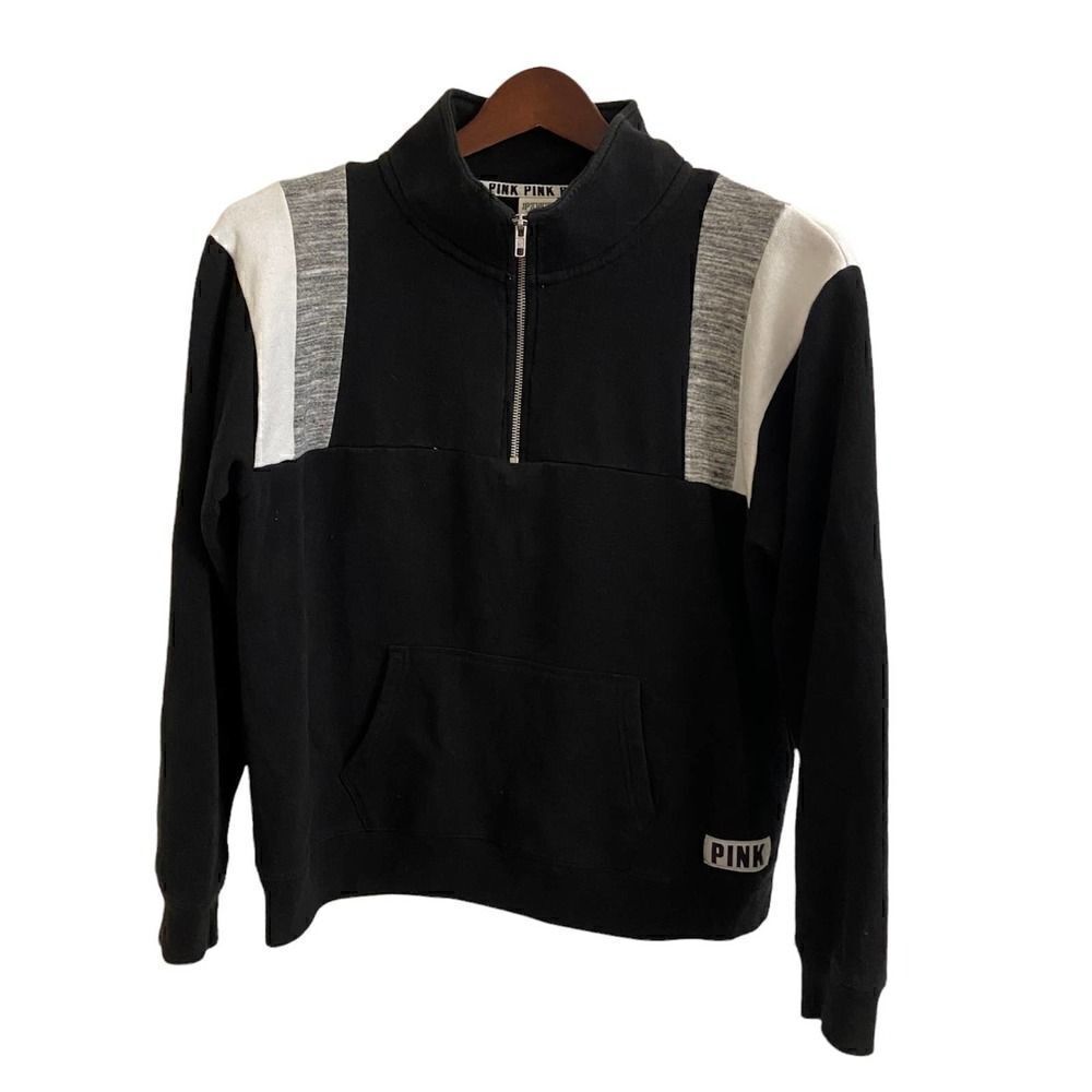 PINK Victoria's Secret Black White Gray Colorblock Half Zip Sweatshirt Medium‎